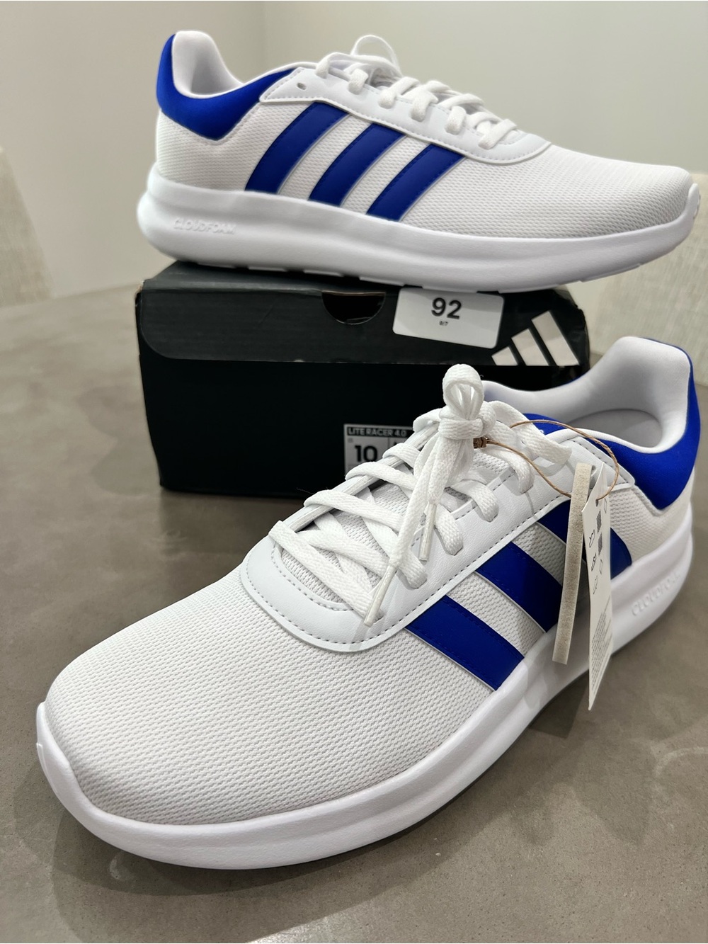 Adidas Lite Racer 4.0 White and Blue Low-Top Athletic Sneakers - Size 10